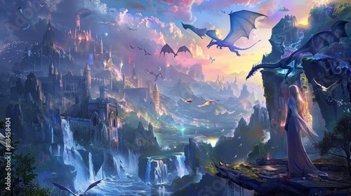 Fantasy kingdom with waterfalls, dragons flying in colorful sky, and a cloaked figure gazing at majestic castle, vibrant and mystical.