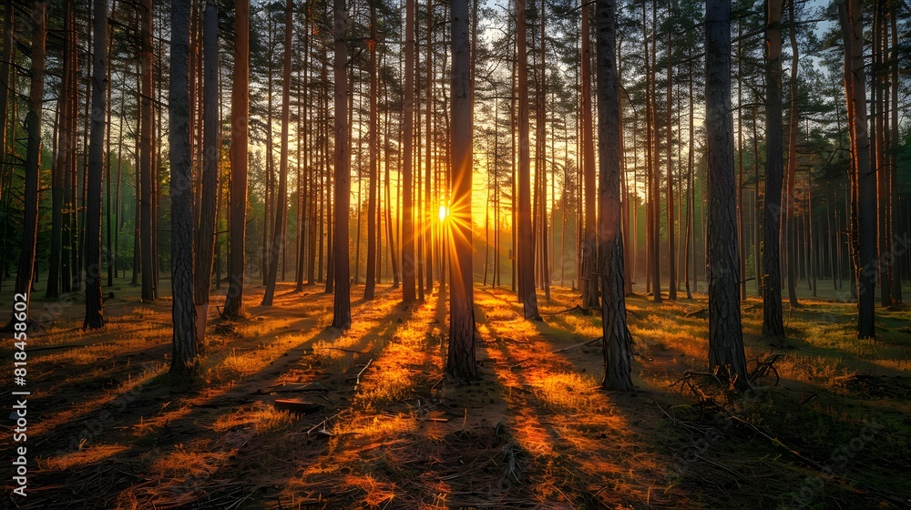 A serene forest at sunset, with tall trees and warm hues of orange and yellow lighting the landscape.
A serene forest at sunset, with tall trees and warm hues of orange and yellow lighting the landscape.