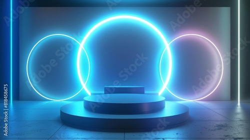 abstract 3d podium display with glowing circles and futuristic elements technology and innovation concept 3d render