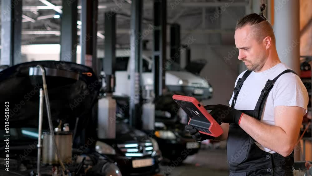 Using a tablet computer in a garage working on a muscle car Using a tablet computer in a garage working on a muscle car
