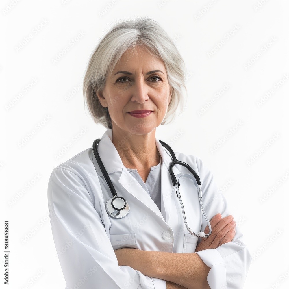 Portrait of a 55-Year-Old Woman Doctor Against a Serene White Backdrop Portrait of a 55-Year-Old Woman Doctor Against a Serene White Backdrop