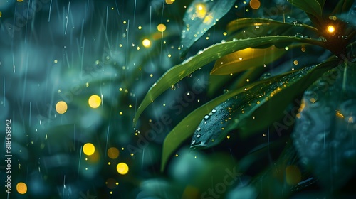 A serene night scene with twinkling fireflies illuminating the raindrops falling on lush green leaves, tranquility and nature's beauty. 