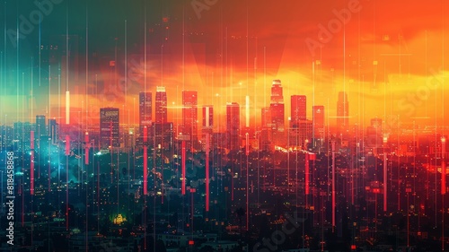 Bright cityscape overlaid with colorful statistical data lines
