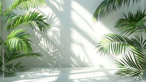 A white wall with palm leaves and shadow in the background, creating an elegant and minimalist backdrop for product display or presentation. 