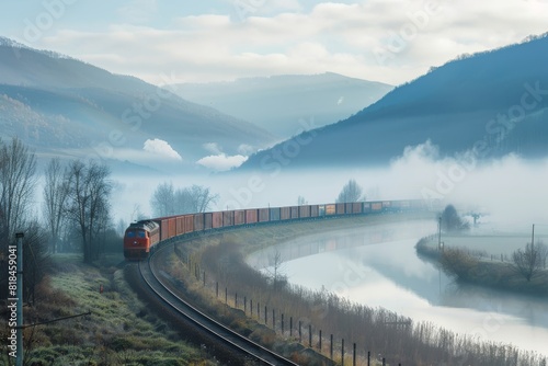 Logistics train emerging from a mist-covered valley with foggy hills background © zulfadli