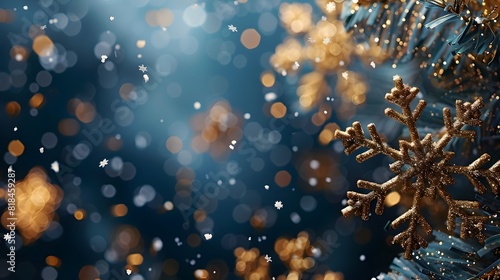 Blue background with golden snowflakes falling in the upper left corner, creating an elegant and festive atmosphere for Christmas or New Year.
 photo