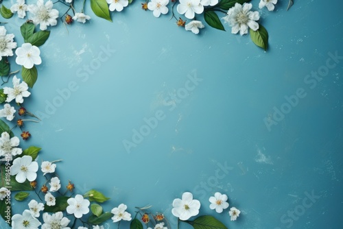 circle of flowers and leaves on a blue background with copy space, in the style of light emerald and white.