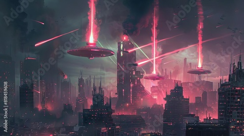 apocalyptic alien invasion in futuristic megacity with flying saucers and laser beams cinematic scifi digital painting photo