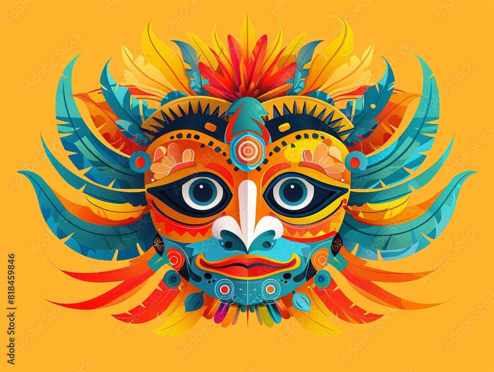 A vibrant, colorful tribal mask illustration with intricate patterns and feathers on a bright yellow background, symbolizing culture and tradition.