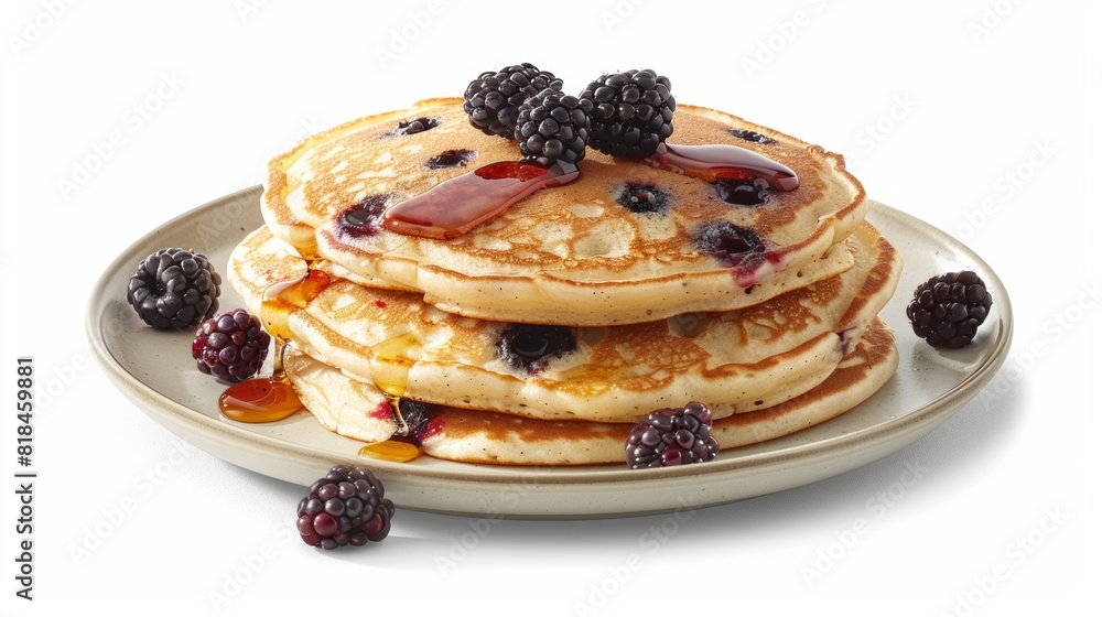 Stack of blueberry pancakes topped with syrup and blackberries on a plate, perfect for a delicious breakfast treat.