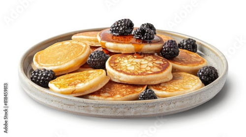 A delicious stack of golden pancakes topped with fresh blackberries and drizzled with syrup on a rustic plate. photo