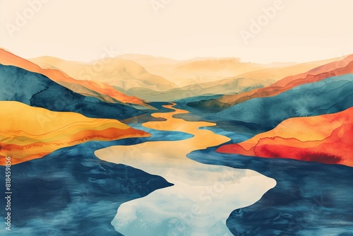 A soothing watercolor landscape painting features a winding river set against vibrant, colorful mountains. Perfect for tranquil decor or nature themes. photo