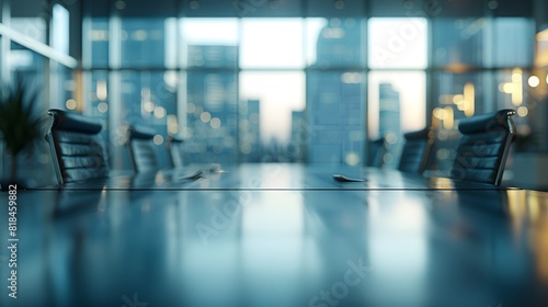Close up of an empty conference table in the foreground, with blurry background showing large glass walls and chairs around it in a corporate office. 