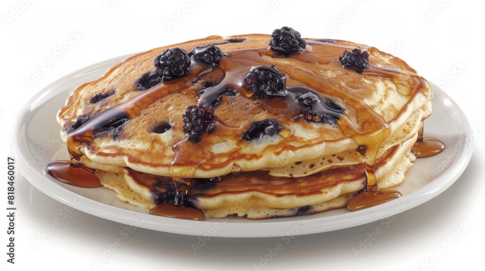Delicious stack of pancakes topped with juicy blackberries and drizzled with maple syrup, served on a white plate.