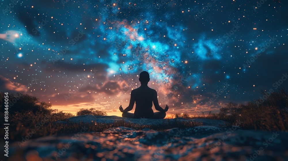 Silhouette of meditating figure against a cosmic starry backdrop Silhouette of meditating figure against a cosmic starry backdrop
