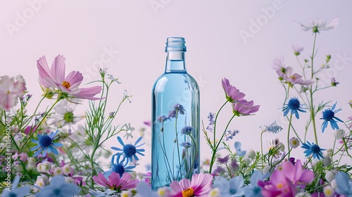 Glass bottle of blue colored body oil with wild flowers around it, white and light purple background, studio lighting.
