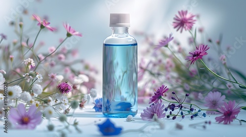 Glass bottle of blue colored body oil with wild flowers around it  white and light purple background  studio lighting. 
