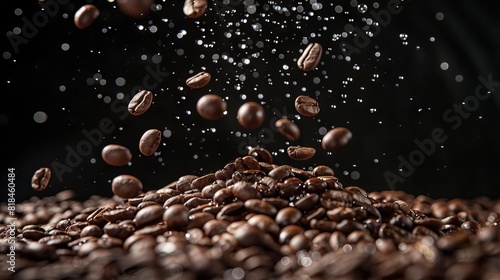 cascading coffee beans cluster pouring onto mound with water droplets dark background food photography