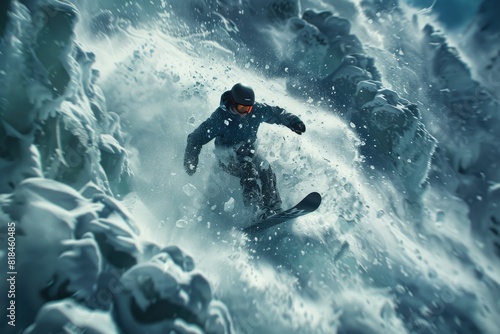 A snowboarder is in the air, riding a wave. The image is a representation of the thrill and excitement of snowboarding