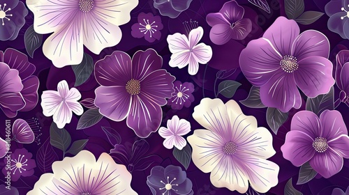 A purple and white flower pattern with a purple background. The flowers are arranged in a way that creates a sense of depth and movement. Scene is serene and calming