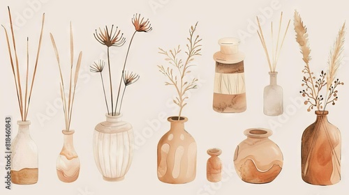 Collection of artisanal incense in earth colors for nomadic home decor luxury store digital illustration
 photo