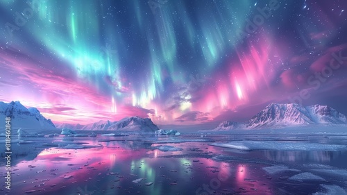 Starlit sky above an icy landscape reflecting vibrant aurora colors