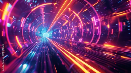 A colorful tunnel with neon lights and a bright blue light at the end. The tunnel is long and winding  with a sense of movement and energy. The bright colors and neon lights create a futuristic