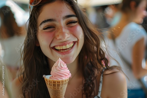 Candid shots of diverse girls smiling and enjoying their gelato in Italy. Ice cream summer holiday concept
