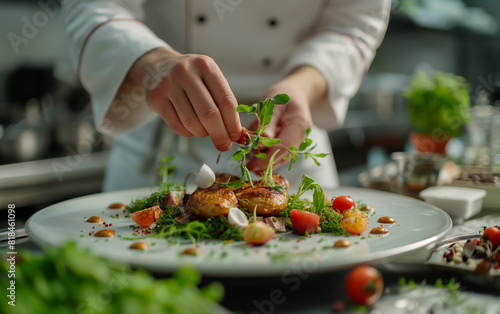 A gourmet chef meticulously plating a sophisticated dish in a high-end kitchen