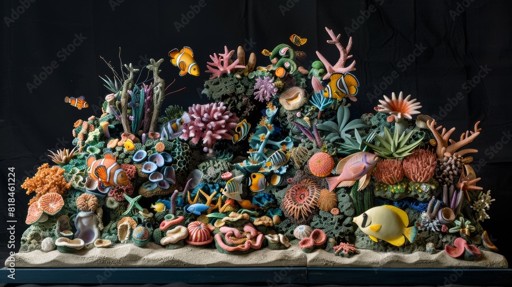 A vibrant coral reef sculpture showcasing various colorful marine life forms including fish, corals, and underwater plants.