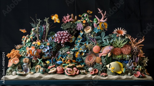 A vibrant coral reef sculpture showcasing various colorful marine life forms including fish, corals, and underwater plants. © kittikunfoto