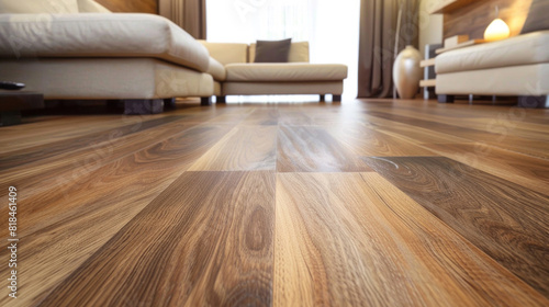 A modern wooden floor with sleek planks, exuding warmth and elegance in any living space, inviting comfort and style.