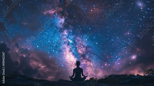 person meditating under a starry night sky with the Milky Way in the background