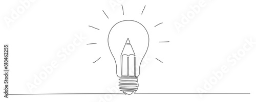 Light bulb and pencil in one continuous line drawing. Creative idea innovation and writer and poetry concept. Lightbulb symbol in Editable stroke. Doodle Vector illustration 