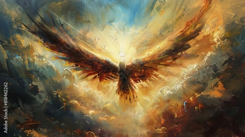 dramatic abstract oil painting of mighty angel flying with outstretched wings sunrays piercing clouds oil painting photo