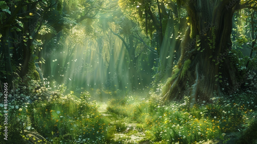 A sunlit, magical forest scene with lush greenery, tall trees, and scattered white flowers, bathed in soft, ethereal light.