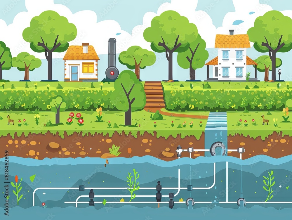 Illustration showing an underground water pipe system in a rural landscape with houses, trees, and a stream flowing through the pipes. Illustration showing an underground water pipe system in a rural landscape with houses, trees, and a stream flowing through the pipes.