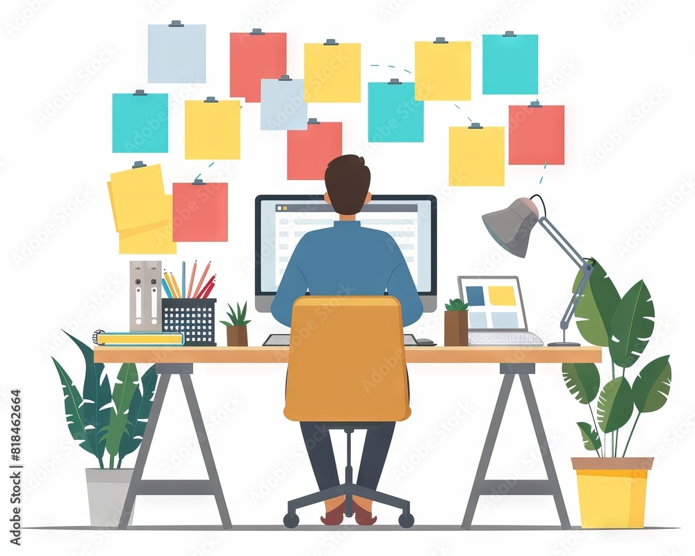Man at a desk working on computer with colorful sticky notes on the wall, surrounded by plants and office supplies. Man at a desk working on computer with colorful sticky notes on the wall, surrounded by plants and office supplies.