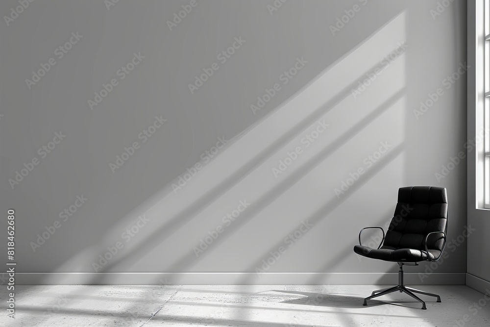 Minimalist black office chair in an empty room with sunlight casting shadows through a window, highlighting simplicity and elegance. Minimalist black office chair in an empty room with sunlight casting shadows through a window, highlighting simplicity and elegance.