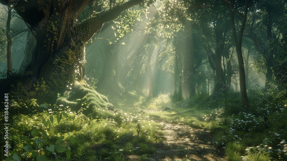 Sunlight filters through the lush, green forest canopy, illuminating a tranquil woodland path lined with foliage and wildflowers.