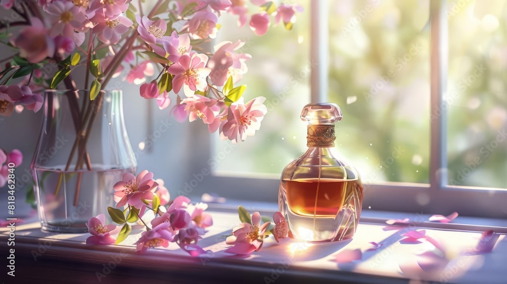 elegant perfume bottle and vase with pink flowers on table by sunlit window luxury fragrance presentation digital painting elegant perfume bottle and vase with pink flowers on table by sunlit window luxury fragrance presentation digital painting