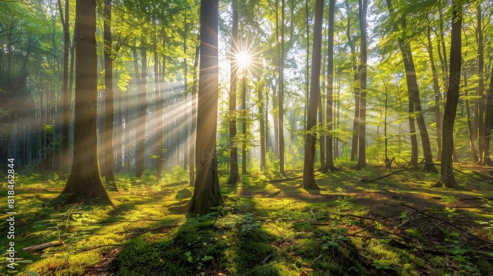Sunlight streams through tall, lush trees in a serene, green forest, creating a peaceful and magical scene.