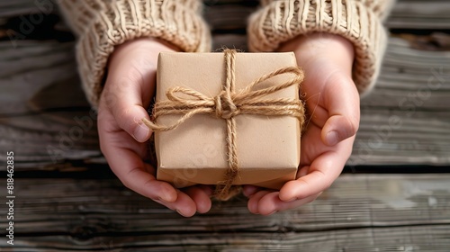 The child's hands hold a beautiful gift box with a ribbon and white tulips. Top view, close-up. Happy father's day.