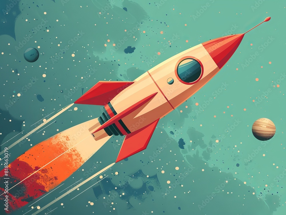 Retro-style illustration of a rocket launching into space with planets and stars in the background. Retro-style illustration of a rocket launching into space with planets and stars in the background.