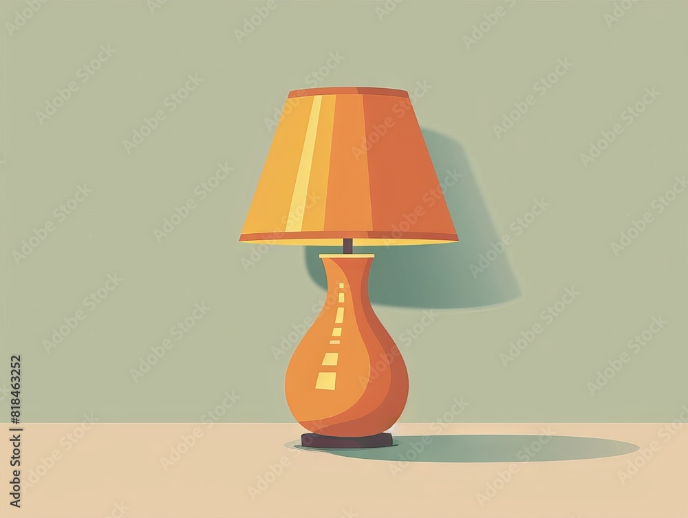 Stylish orange table lamp with a retro design against a minimalist green background, casting a soft shadow on the surface. Stylish orange table lamp with a retro design against a minimalist green background, casting a soft shadow on the surface.