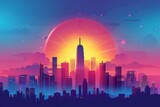 Stunning digital artwork of a vibrant city skyline at sunset. A glowing sun sets behind skyscrapers, casting a beautiful gradient of colors.
