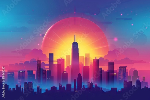 Stunning digital artwork of a vibrant city skyline at sunset. A glowing sun sets behind skyscrapers  casting a beautiful gradient of colors.