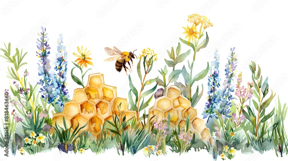 Watercolor composition with honeycombs, wild herbs and bee, with field ...