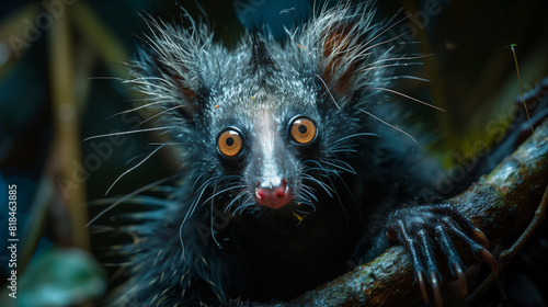 The aye-aye is clearly visible at night against a blurred background, the details of its black fur and large, shining eyes are clearly visible, Ai Generated Images