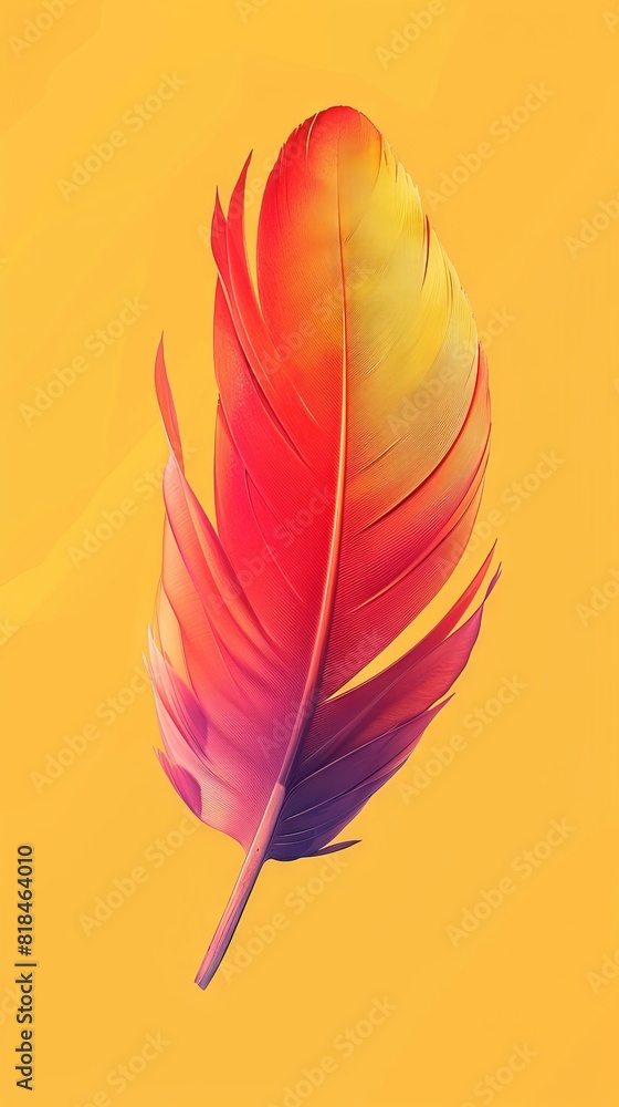 Vibrant multicolored feather isolated on a bright yellow background, perfect for nature, art, or background themed stock photography. Vibrant multicolored feather isolated on a bright yellow background, perfect for nature, art, or background themed stock photography.